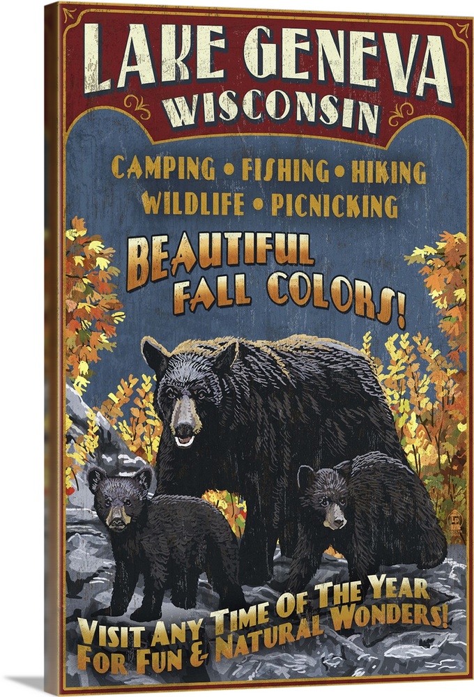 Lake Geneva, Wisconsin - Black Bears Vintage Sign: Retro Travel Poster
