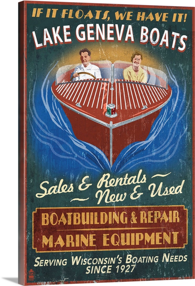 Lake Geneva, Wisconsin - Boat Shop Vintage Sign: Retro Travel Poster