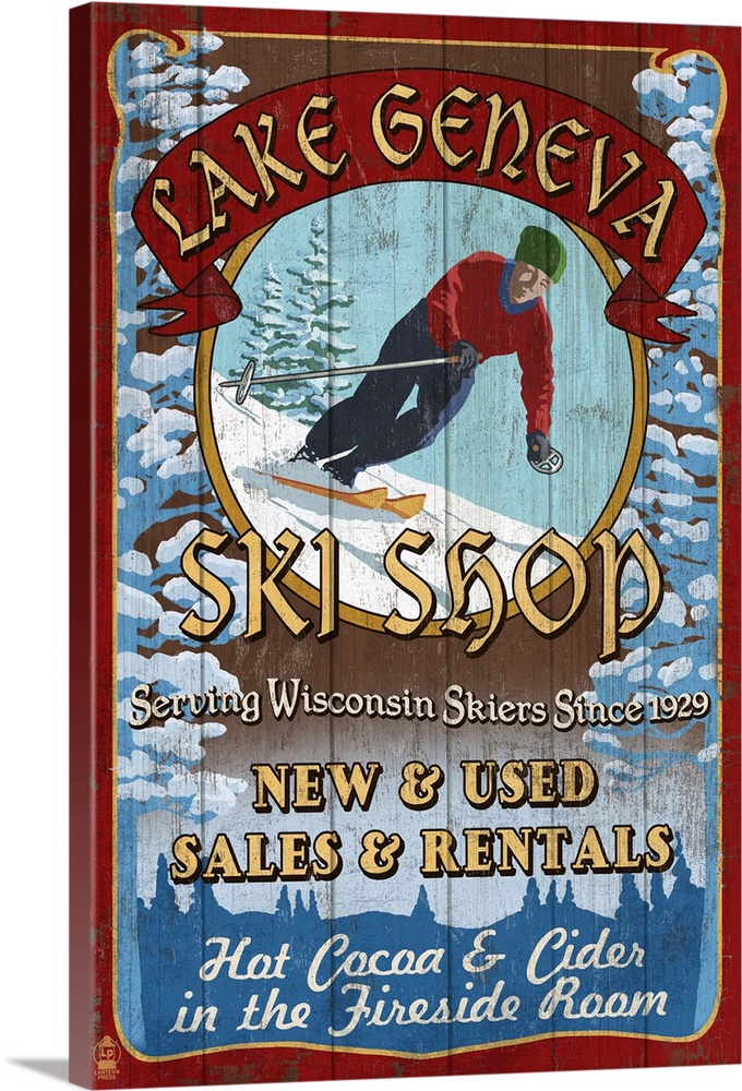 Lake Geneva, Wisconsin - Ski Shop Vintage Sign: Retro Travel Poster