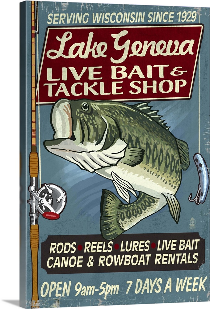 Lake Geneva, Wisconsin - Tackle Shop Bass Vintage Sign: Retro Travel Poster | Large Solid-Faced Canvas Wall Art Print | Great Big Canvas