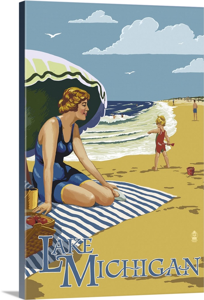 Retro stylized art poster of a woman sitting on a blanket under an umbrella on the beach.