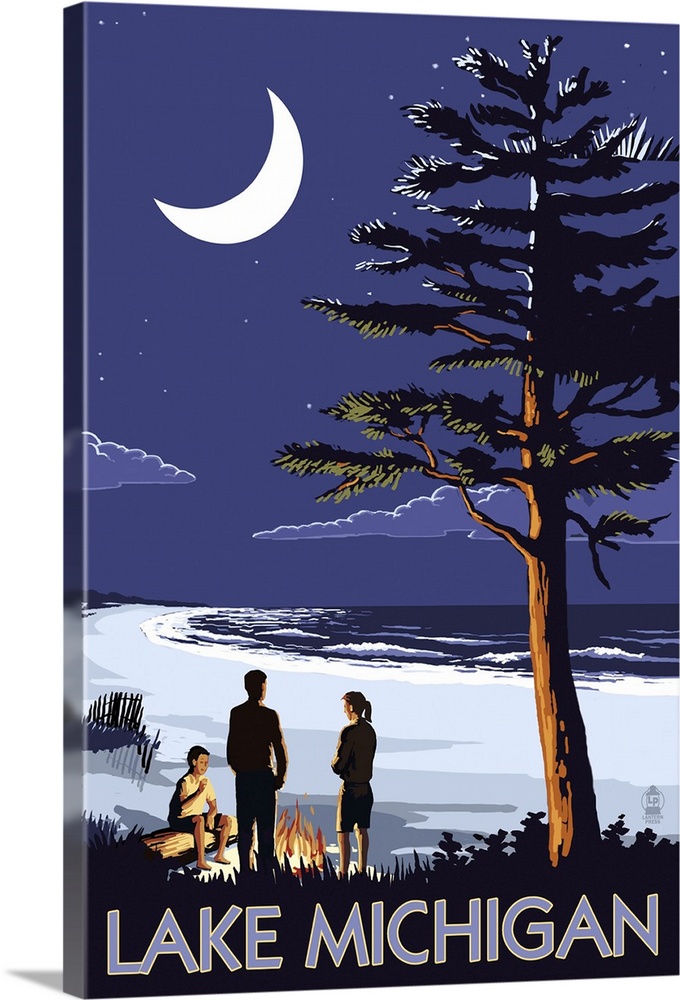 Retro stylized art poster of people on a beach at night, with large crescent moon in the sky.