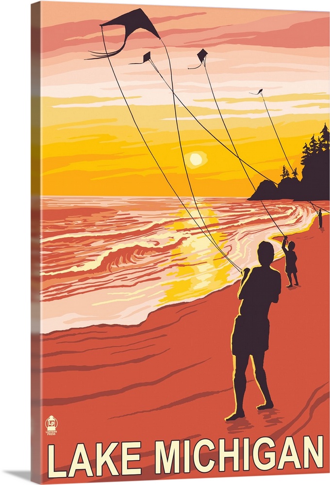 Retro stylized art poster of silhouetted people flying kites on the beach at sunset.
