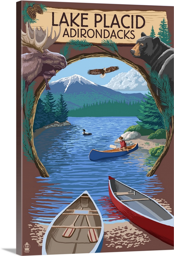 Lake Placid, New York - Adirondacks Canoe Scene: Retro Travel Poster