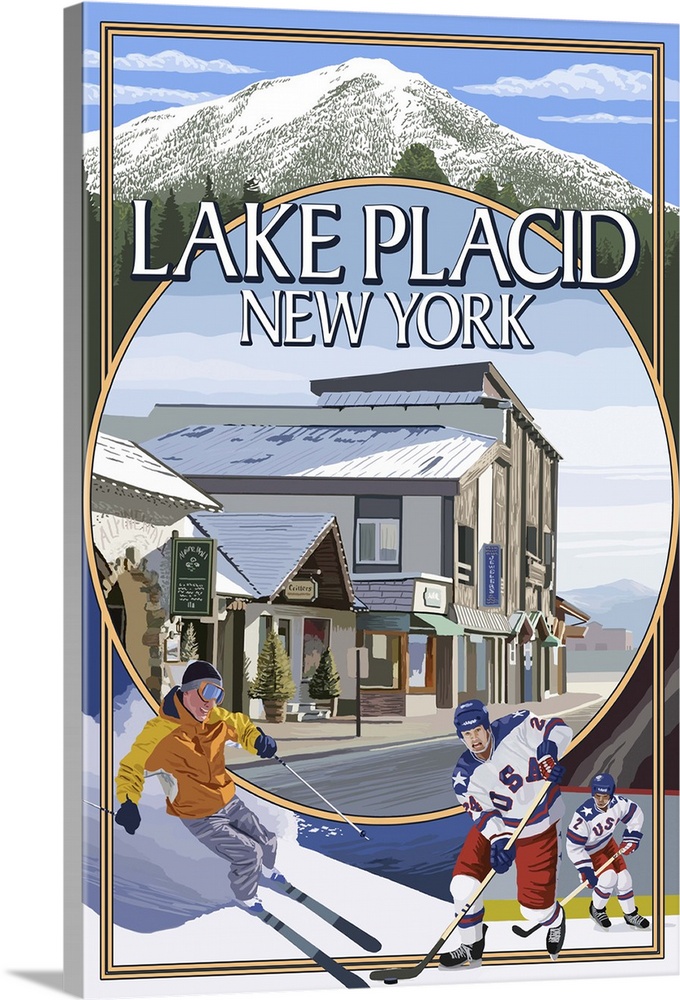 Lake Placid, New York - Montage Scenes: Retro Travel Poster