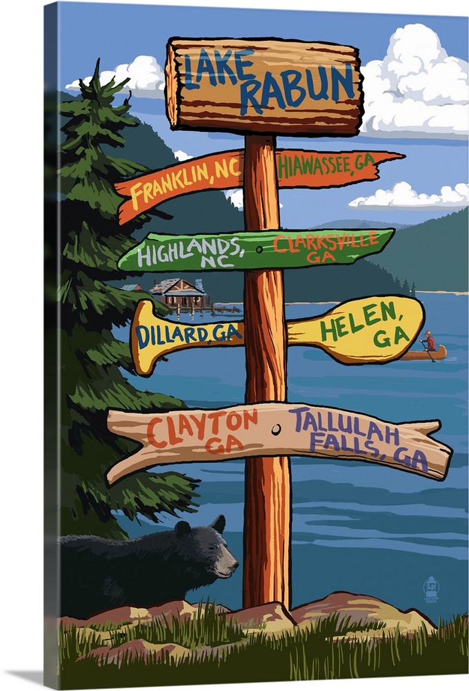 Retro stylized art poster of a sign post giving different directions.