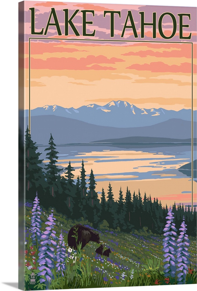 Lake Tahoe - Bear Family and Spring Flowers: Retro Travel Poster