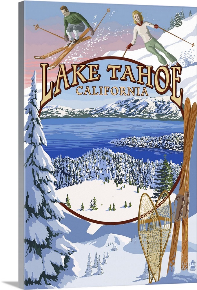 Lake Tahoe, CA Winter Views Retro Travel Poster Wall Art, Canvas