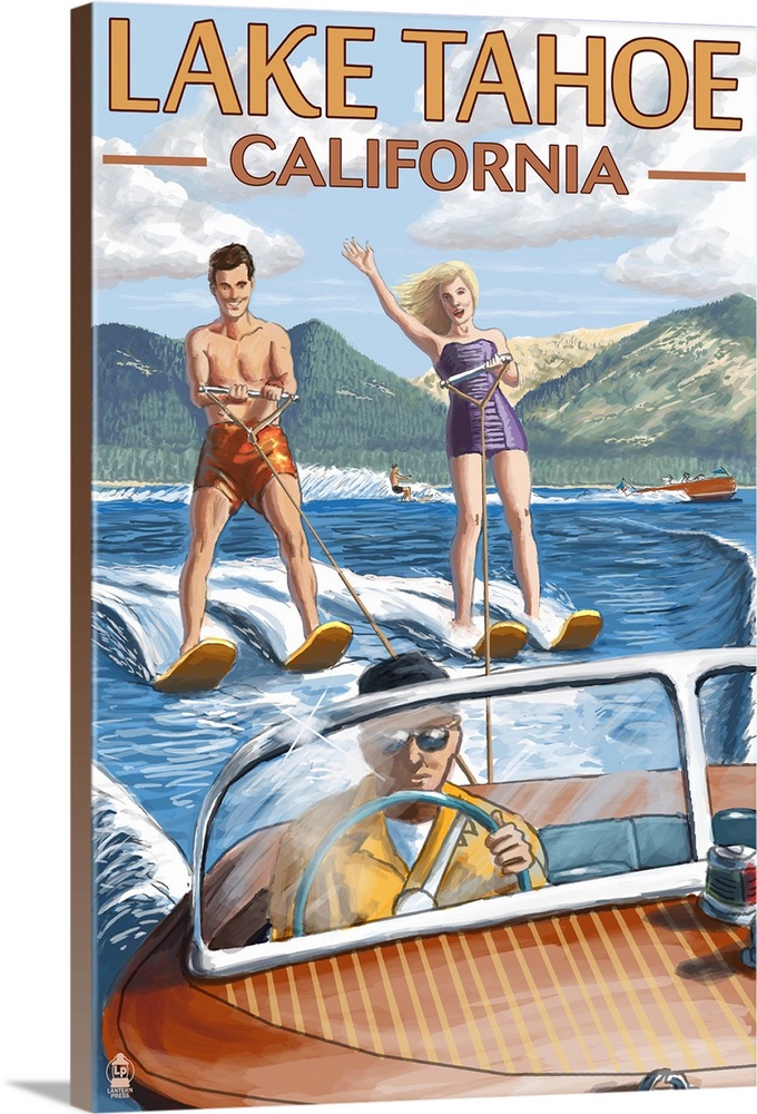 Lake Tahoe, California - Water Skiing Scene: Retro Travel Poster