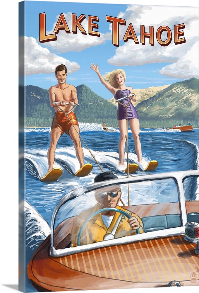 Lake Tahoe - Water Skiing Scene: Retro Travel Poster