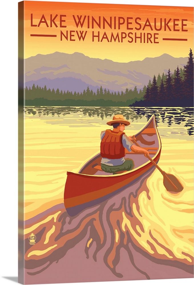 Lake Winnipesaukee, New Hampshire - Canoe Sunset: Retro Travel Poster