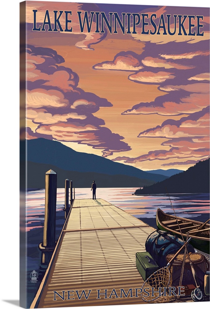 Lake Winnipesaukee, New Hampshire - Dock Scene at Sunset: Retro Travel Poster