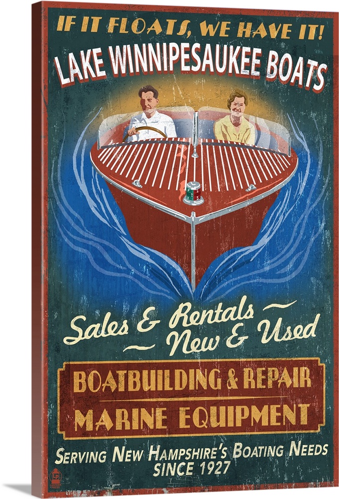 Lake Winnipesaukee, New Hampshire - Vintage Boat Sign: Retro Travel Poster