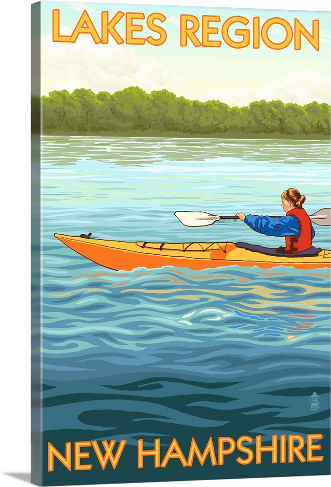 Retro stylized art poster of a woman in a kayak on a clear blue lake.