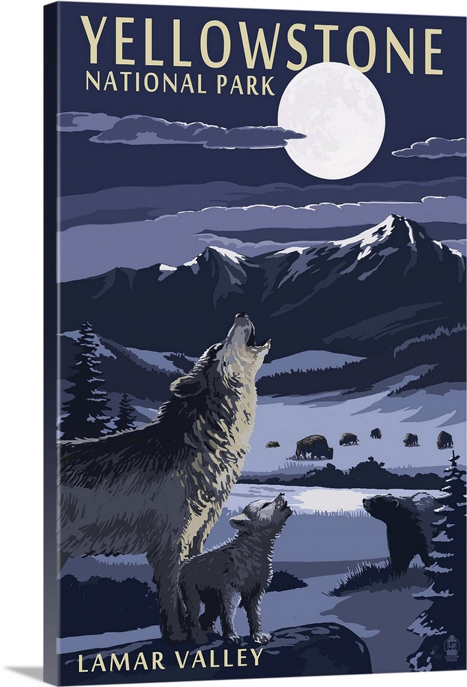 Retro stylized art poster of a mother wolf and cub howling up at the moon.
