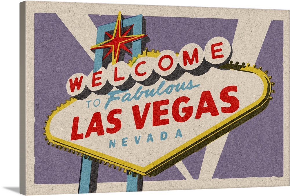 Las Vegas, Nevada - Welcome Sign Woodblock: Retro Travel Poster