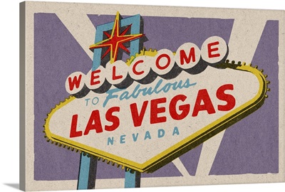 Las Vegas, Nevada - Welcome Sign Woodblock: Retro Travel Poster