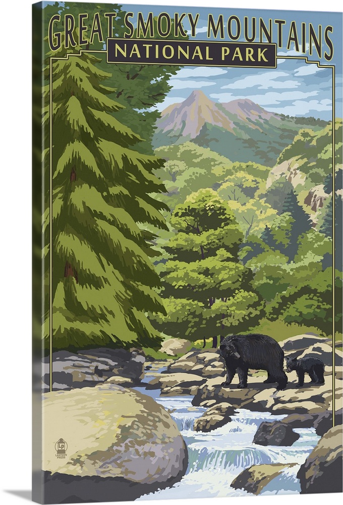 Leconte Creek and Bears - Great Smoky Mountains National Park, TN: Retro Travel Poster