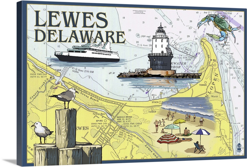 Lewes, Delaware - Nautical Chart: Retro Travel Poster