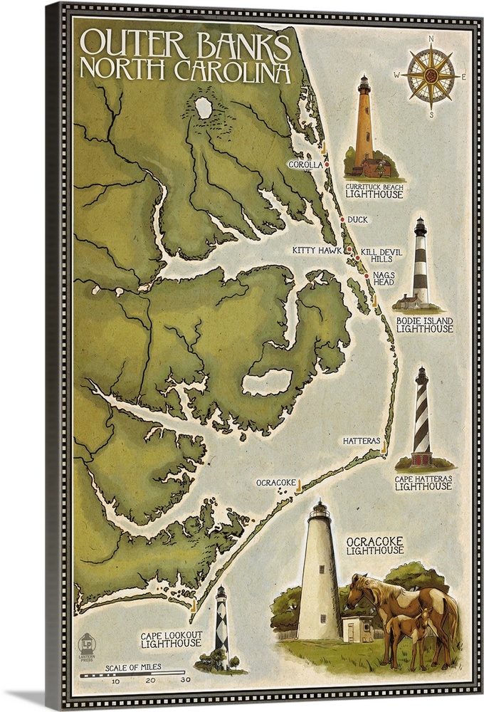 Lighthouse and Town Map - Outer Banks, North Carolina: Retro Travel Poster