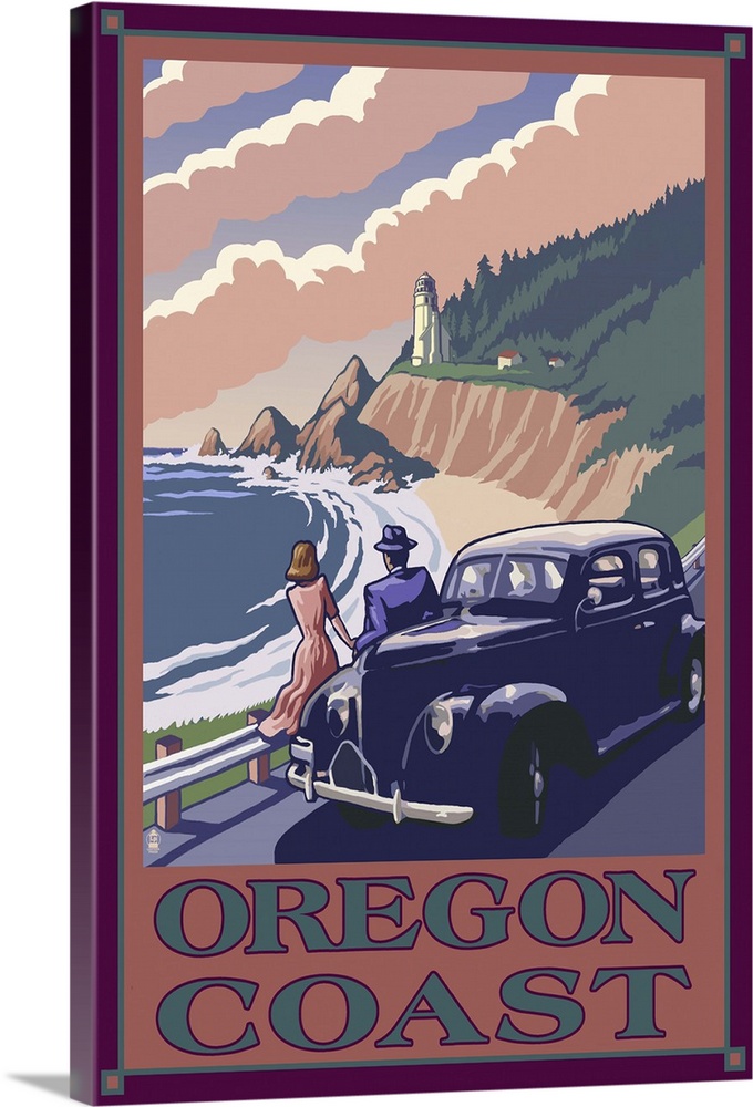 Lighthouse View - Oregon Coast: Retro Travel Poster