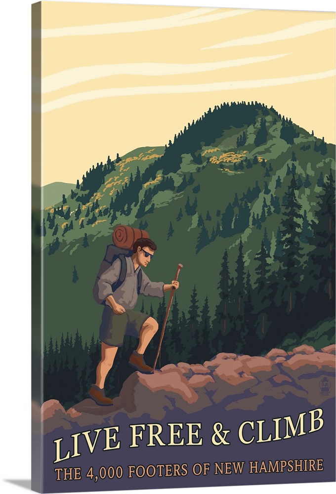 Live Free and Climb, New Hampshire - Hiker Scene: Retro Travel Poster