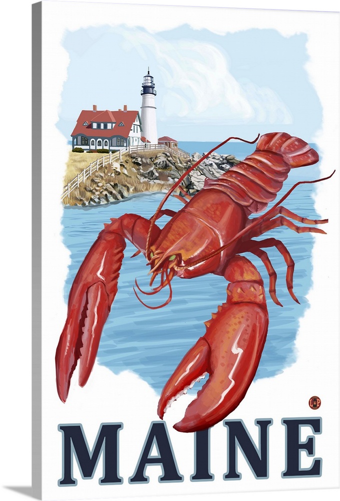Lobster and Portland Lighthouse - Maine: Retro Travel Poster