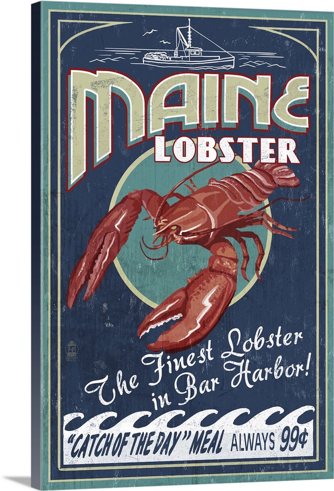 Lobster Vintage Sign - Bar Harbor, Maine: Retro Travel Poster