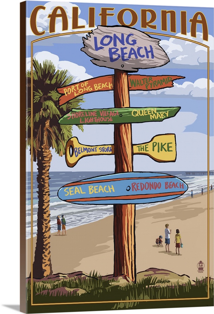Long Beach, California - Destination Sign: Retro Travel Poster