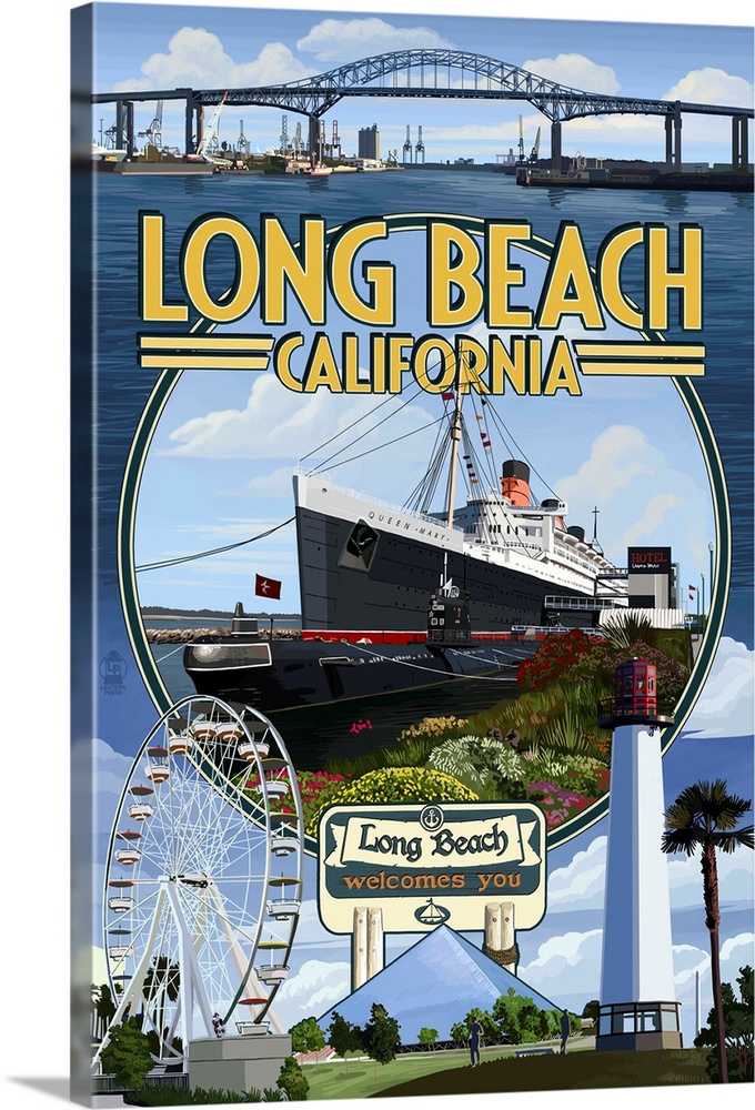 Long Beach, California - Montage 3: Retro Travel Poster