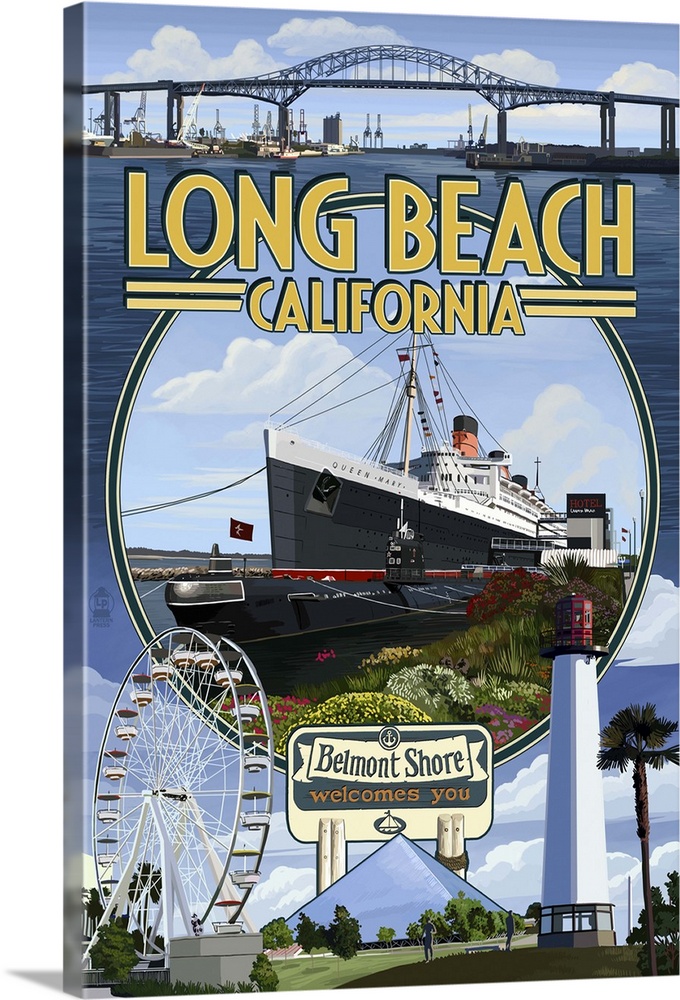 Long Beach, California - Montage: Retro Travel Poster