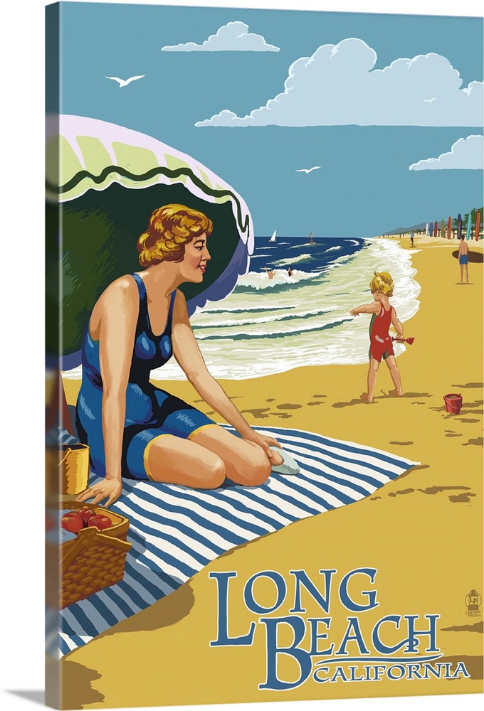 Long Beach, California - Woman on the Beach: Retro Travel Poster