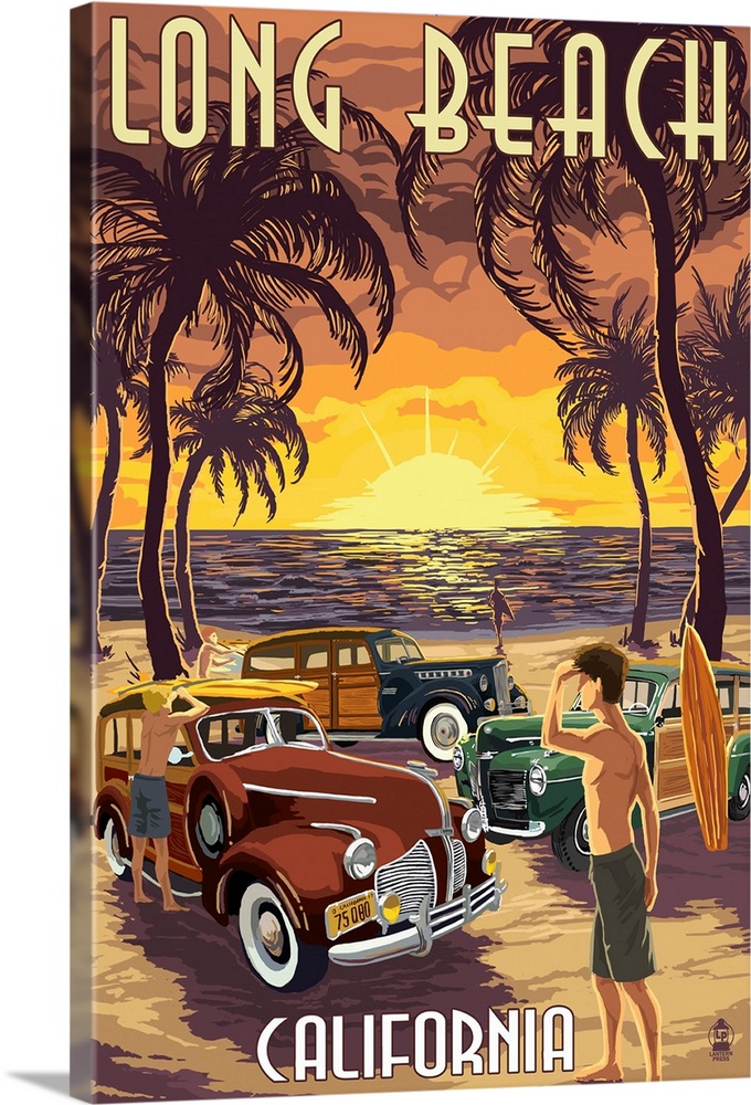Long Beach, California - Woodies and Sunset: Retro Travel Poster