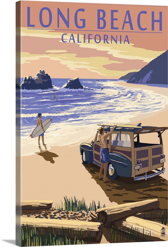 Long Beach, California Woody on Beach Retro Travel Poster Wall Art