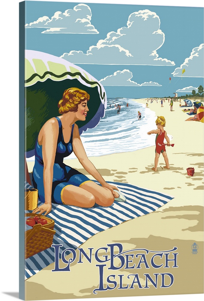 Long Beach Island, New Jersey Beach Scene: Retro Travel Poster