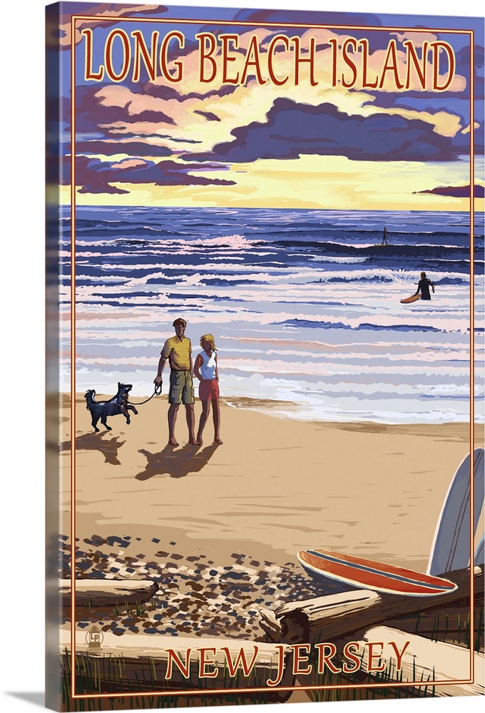 Long Beach Island, New Jersey - Beach Walk and Surfers: Retro Travel Poster