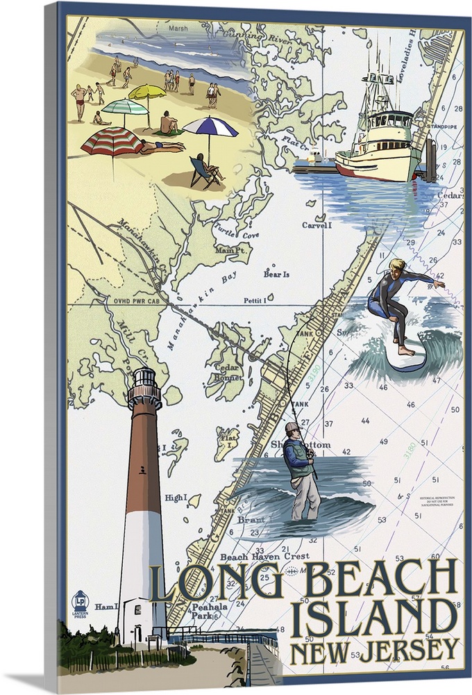 Long Beach Island, New Jersey - Nautical Chart: Retro Travel Poster