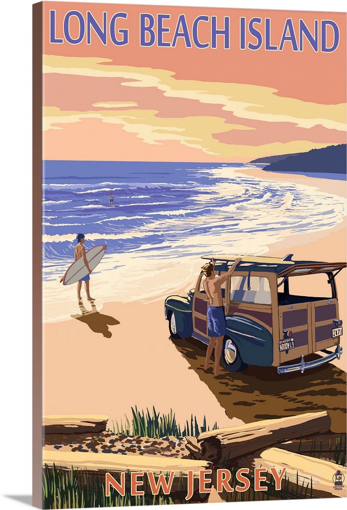 Long Beach Island, New Jersey - Woody on Beach: Retro Travel Poster