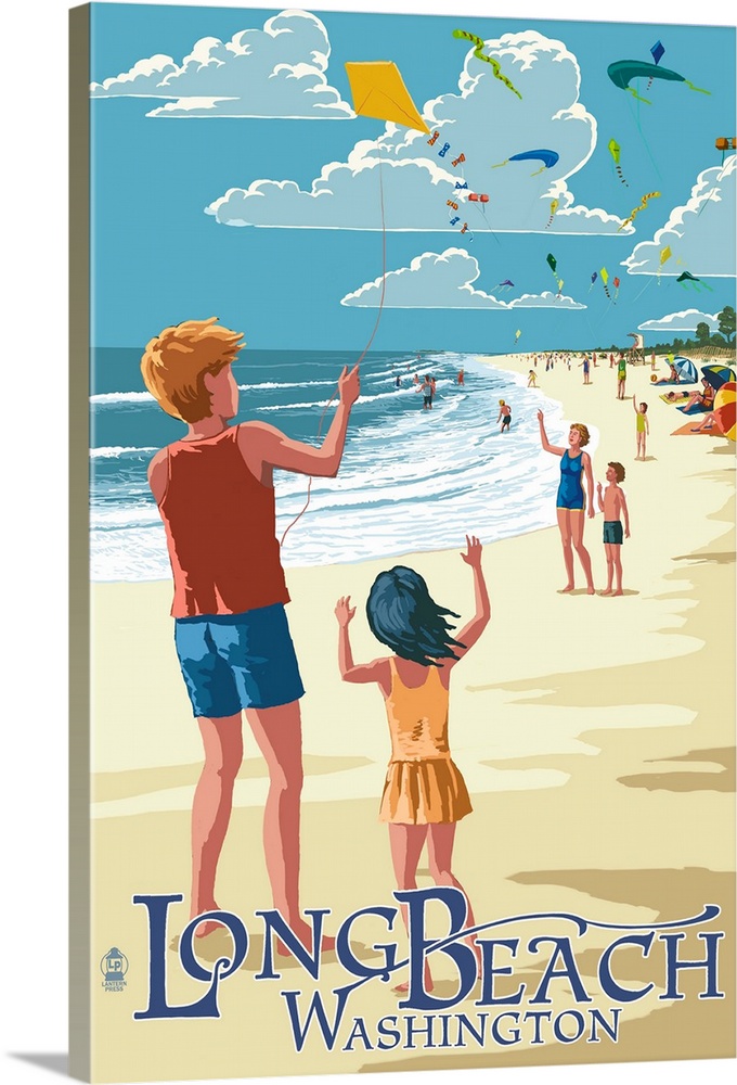 Long Beach, Washington - Kite Flyers: Retro Travel Poster
