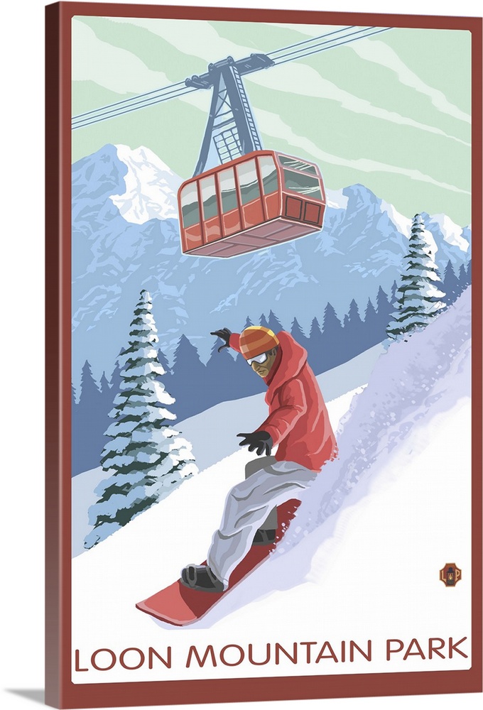 Loon Mountain Park - Snowboarder and Tram: Retro Travel Poster