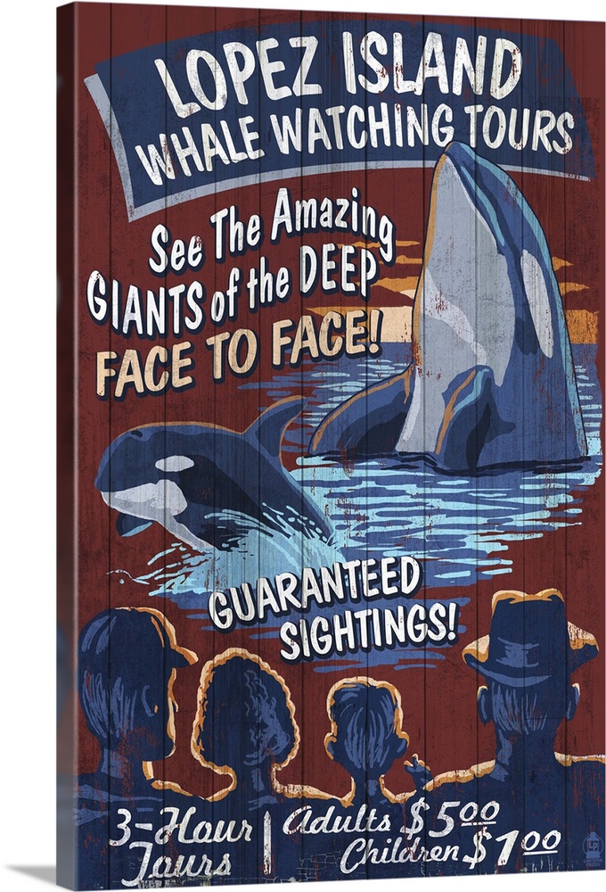 Lopez Island, Washington - Orca Whale Watching Vintage Sign: Retro Travel Poster