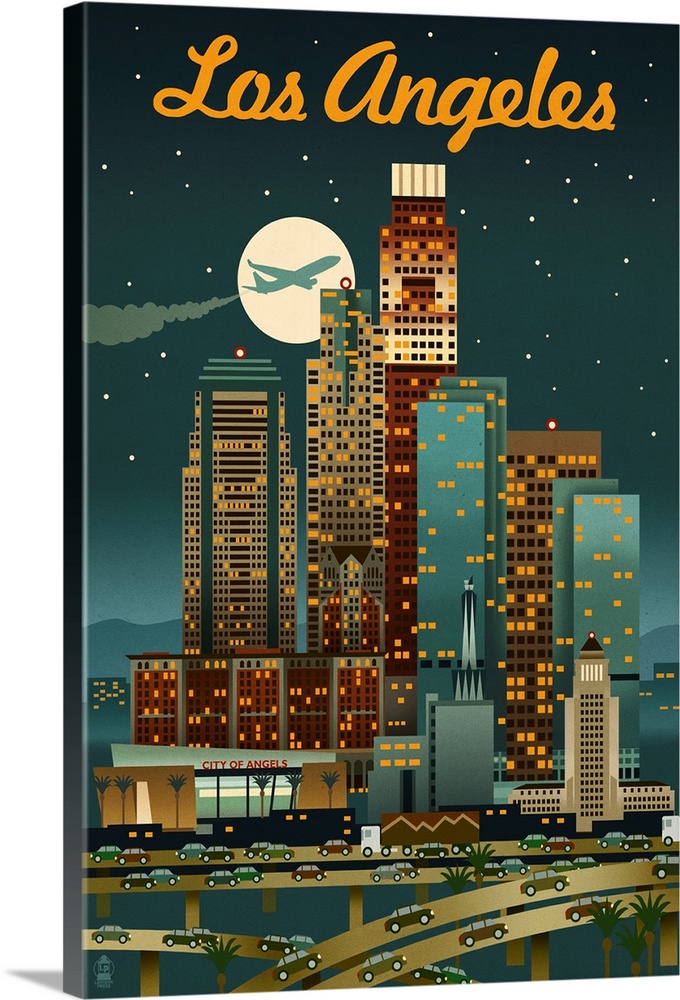 Los Angeles, California - Retro Skyline - Warmer Palette