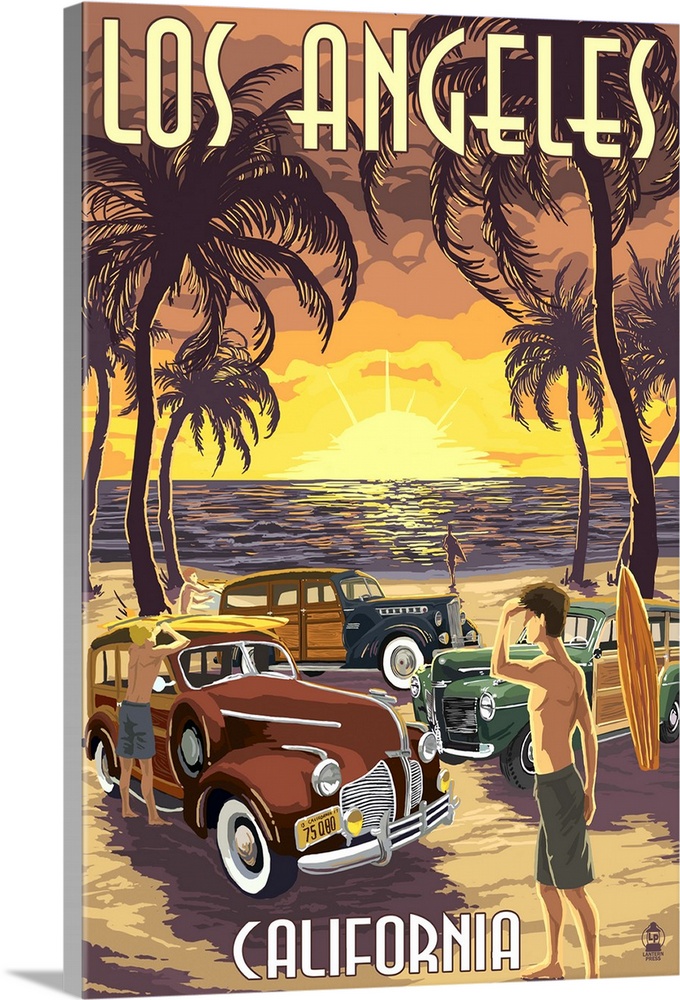 Los Angeles, California - Woodies and Sunset: Retro Travel Poster