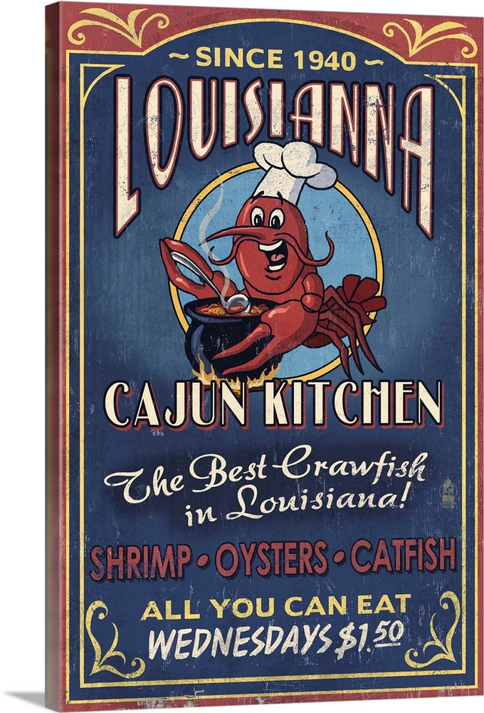 Louisiana - Cajun Kitchen Crawfish Vintage Sign: Retro Travel Poster
