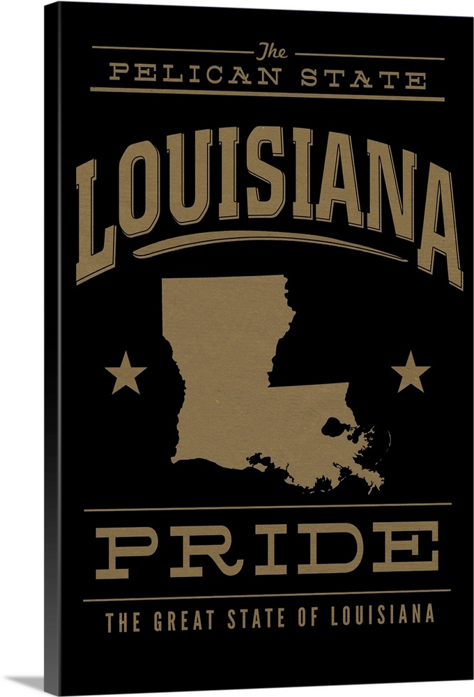 The Louisiana state outline on black with gold text.