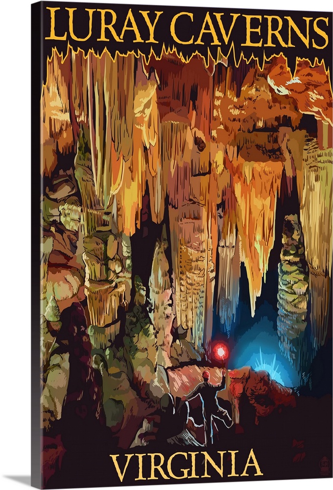 Retro stylized art poster of silhouetted figures in a cavern, with ornate rock formations.