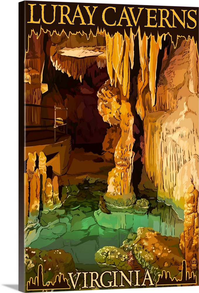 Retro stylized art poster of a cavern with a green well, beneath ornate rock formations.