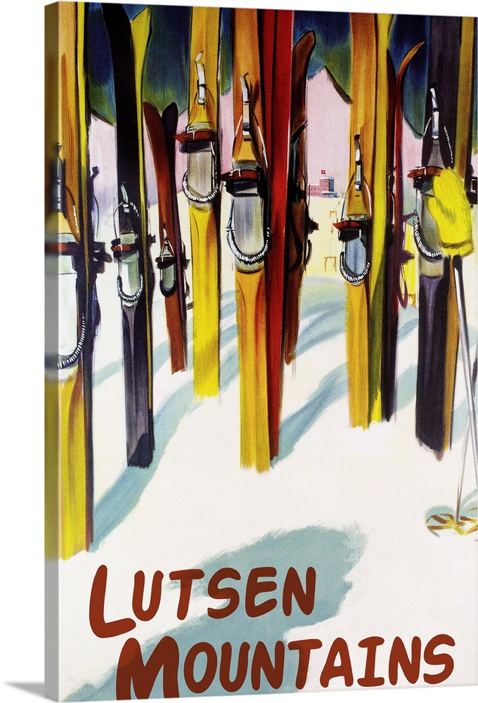 Lutsen Mountains - Colorful Skis: Retro Travel Poster