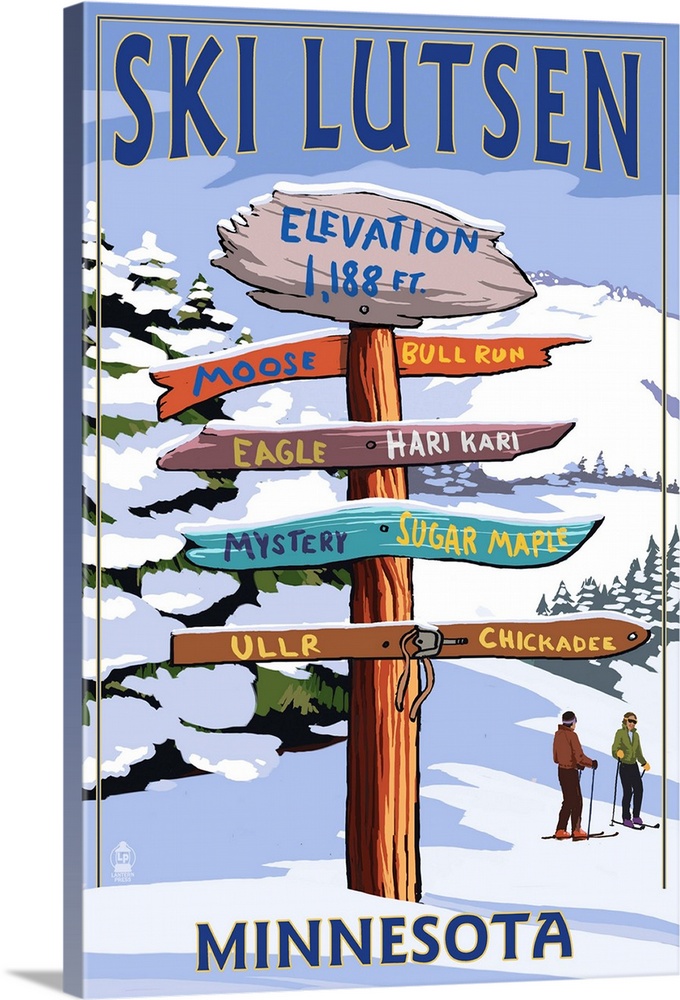 Lutsen Mountains  - Ski Signpost: Retro Travel Poster