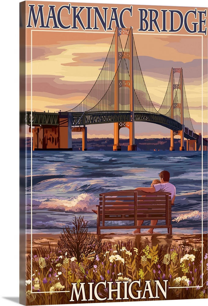 Retro stylized art poster of a person sitting on a bench looking out over a bay at large suspension bridge.
